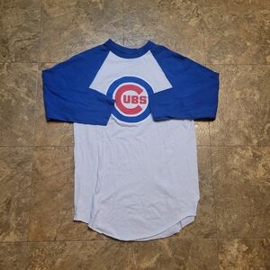 Stitches Chicago Cubs Shirt Mens Small White Blue 3/4 Sleeve Raglan Pullover